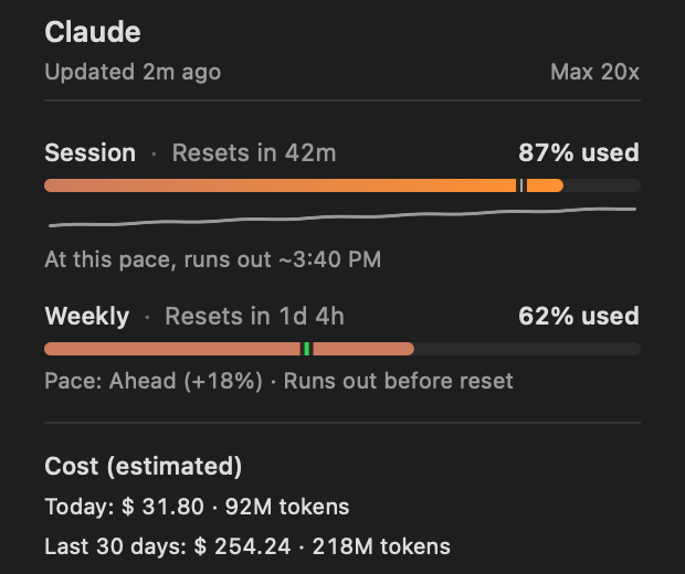 A Tokenbar provider card showing session and weekly limits, reset times, projected exhaustion, and estimated cost.